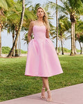 Express Women's Satin Sweetheart Basque Waist Midi Fit And Flare Dress With Pockets in Pink 0