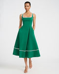 Express Women's Stretch Cotton Poplin Piped Smocked Back Midi Dress With Pockets in Green Small