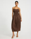Express Women's Stretch Cotton Poplin Smocked Drop Waist Barrel Maxi Dress With Pockets in Brown Small