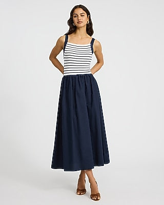 Express Women's Mixed Media Striped Sleeveless Maxi Fit And Flare Dress in Classic Navy