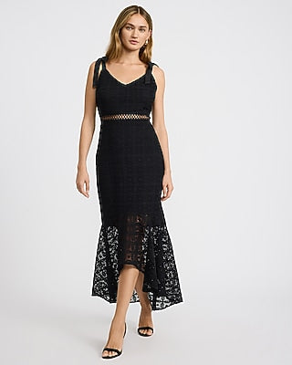 Express Women's Lace V-Neck Tie Strap High-Low Maxi Dress in Black Small