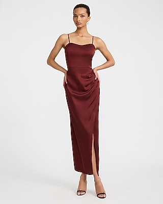 Express Women's Satin Sweetheart Sleeveless Wrap Ruched Side Maxi Dress in Brown Small