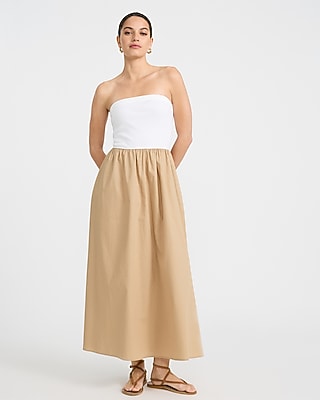 Express Women's Stretch Cotton Color Block Mixed Media Strapless Maxi Dress in Brown Small