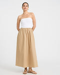 Express Women's Stretch Cotton Color Block Mixed Media Strapless Maxi Dress in Tan
