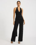 Express Women's Halter V-Neck Wrap Waist Ruched Jumpsuit in Pitch Black