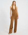 Express Women's Halter V-Neck Wrap Waist Ruched Jumpsuit in Gold Small