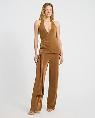 Express Women's Halter V-Neck Wrap Waist Ruched Jumpsuit in Gold Small