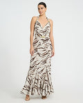 Express Women's Printed Halter V-Neck Beaded Belted Maxi Fit And Flare Dress in Neutral Print