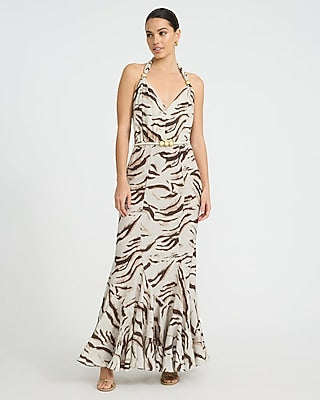 Express Women's Printed Halter V-Neck Beaded Belted Maxi Fit And Flare Dress in Neutral Print
