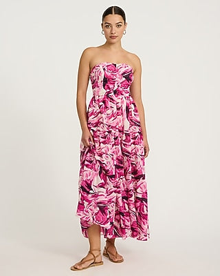 Express Women's Textured Strapless Ruched Tiered Smocked Back Maxi Dress in Purple Print