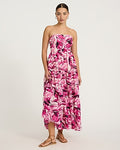 Express Women's Textured Strapless Ruched Tiered Smocked Back Maxi Dress in Purple Small