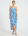 Express Women's Satin Printed V-Neck Surplice Maxi Dress in Blue Print