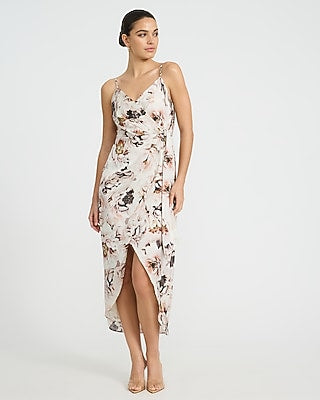 Express Women's Satin Floral V-Neck Surplice Maxi Dress in Multi