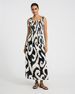 Express Women's Printed Crew Neck Tie Strap Drop Waist Smocked Maxi Dress Small