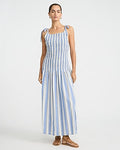 Express Women's Striped Crew Neck Tie Strap Drop Waist Smocked Maxi Dress in Blue Small