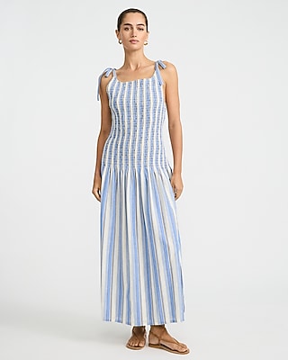 Express Women's Striped Crew Neck Tie Strap Drop Waist Smocked Maxi Dress in Blue Small