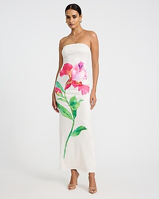 Express Women's Satin Floral Strapless Maxi Tube Dress in White
