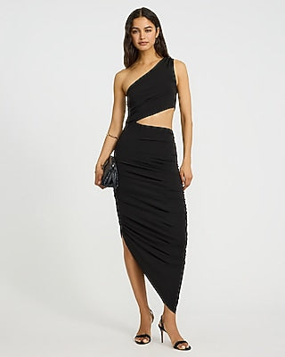 Express Women's One Shoulder Cutout Ruched Side Slit Midi Dress in Pitch Black