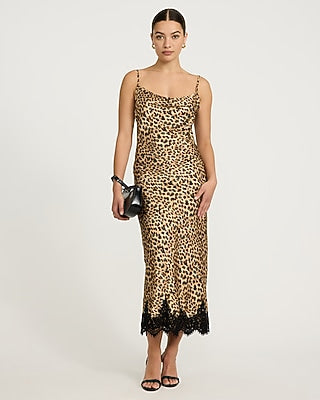 Express Women's Leopard Cowl Neck Lace Trim Slip Maxi Dress Small