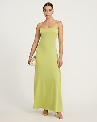 Express Women's Satin Scoop Neck Sleeveless Drop Waist Seamed Maxi Dress in Green Small