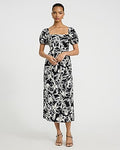 Express Women's Floral Square Neck Puff Sleeve Strappy Back Midi Dress in Black Small