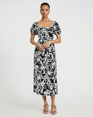 Express Women's Floral Square Neck Puff Sleeve Strappy Back Midi Dress in Black Small