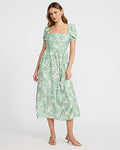 Express Women's Floral Square Neck Puff Sleeve Strappy Back Midi Dress in Green Small