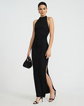 Express Women's Textured Halter Low Back Ruched Maxi Dress in Pitch Black