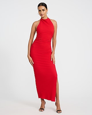 Express Women's Textuin Red Halter Low Back Ruched Maxi Dress Small