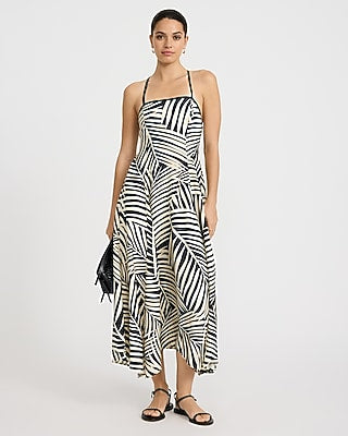 Express Women's Printed Square Neckline Strappy Open Back Maxi Dress in Green Print