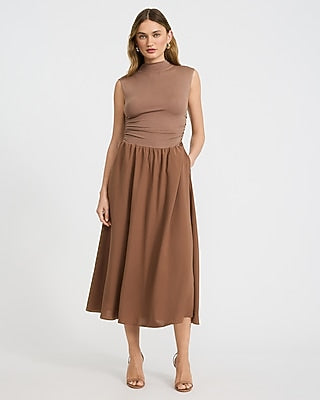 Express Women's Mixed Media Mock Neck Drop Waist Midi Dress With Pockets in Chestnut Brown