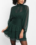 Express Women's Mock Neck Long Sleeve Pleated Waist Tiered Ruffle Mini Dress in Green 0