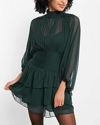 Express Women's Mock Neck Long Sleeve Pleated Waist Tiered Ruffle Mini Dress in Green 0