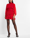 Express Women's Mock Neck Long Sleeve Pleated Waist Tiein Red Ruffle Mini Dress 0