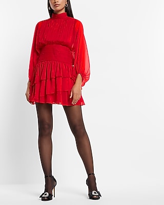 Express Women's Mock Neck Long Sleeve Pleated Waist Tiein Red Ruffle Mini Dress 0