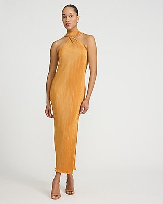 Express Women's Pleated Twist Halter Sleeveless Maxi Dress in Cinnabar