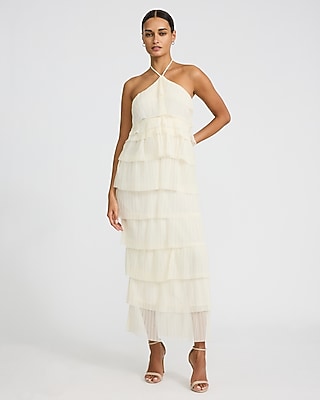 Express Women's Ruffle Tie Halter Neck Sleeveless Maxi Dress in Ivory