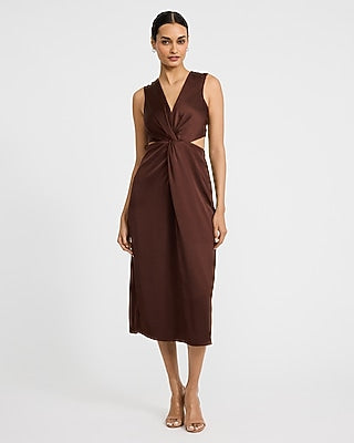 Express Women's Satin V-Neck Twist Front Cutout Midi Dress in Rich Mocha