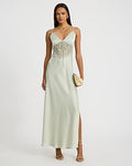 Express Women's Satin V-Neck Lace Trim Bow Front Maxi Dress in Green Small