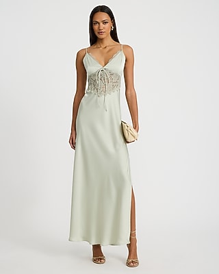 Express Women's Satin V-Neck Lace Trim Bow Front Maxi Dress in Green Small