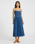 Express Women's Denim Sweetheart Bustier Smocked Back Midi Fit And Flare Dress in Blue Small