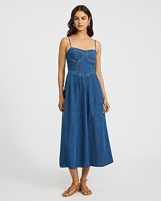 Express Women's Denim Sweetheart Bustier Smocked Back Midi Fit And Flare Dress in Blue Small