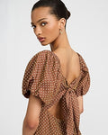Express Women's Polka Dot Square Neck Puff Sleeve Tie Back Midi Dress in Neutral Print