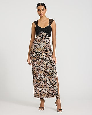 Express Women's Mesh Leopard Sweetheart Lace Pieced Maxi Dress Small
