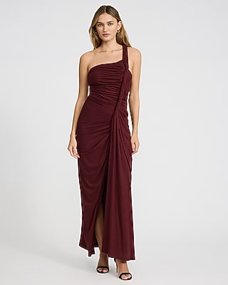 Express Women's Twist One Shoulder Ruched Maxi Dress in Burgundy