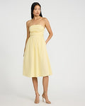 Express Women's Poplin Strapless Ruched Smocked Tie Back Midi Dress With Pockets in Yellow Small