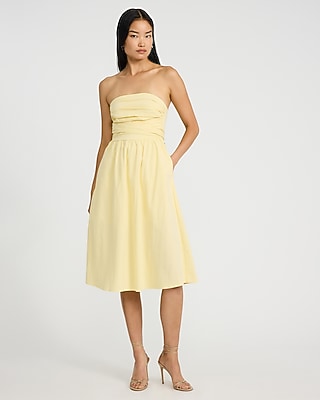 Express Women's Poplin Strapless Ruched Smocked Tie Back Midi Dress With Pockets in Yellow Small