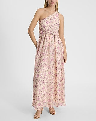Express Women's Metallic Floral One Shoulder Pleated Maxi Dress in White Print