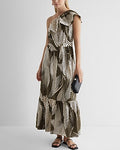 Express Women's Printed One Shoulder Ruffle Tie Waist Poplin Maxi Dress in Green Small