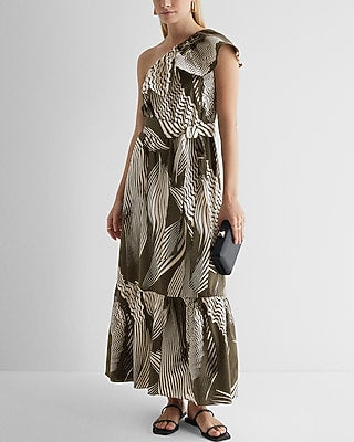 Express Women's Printed One Shoulder Ruffle Tie Waist Poplin Maxi Dress in Green Small